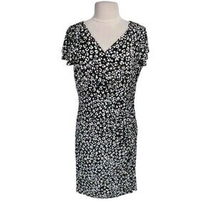 RALPH LAUREN Women Faux Wrap Knee Length Dress Size 16 Black White Jersey 105A
